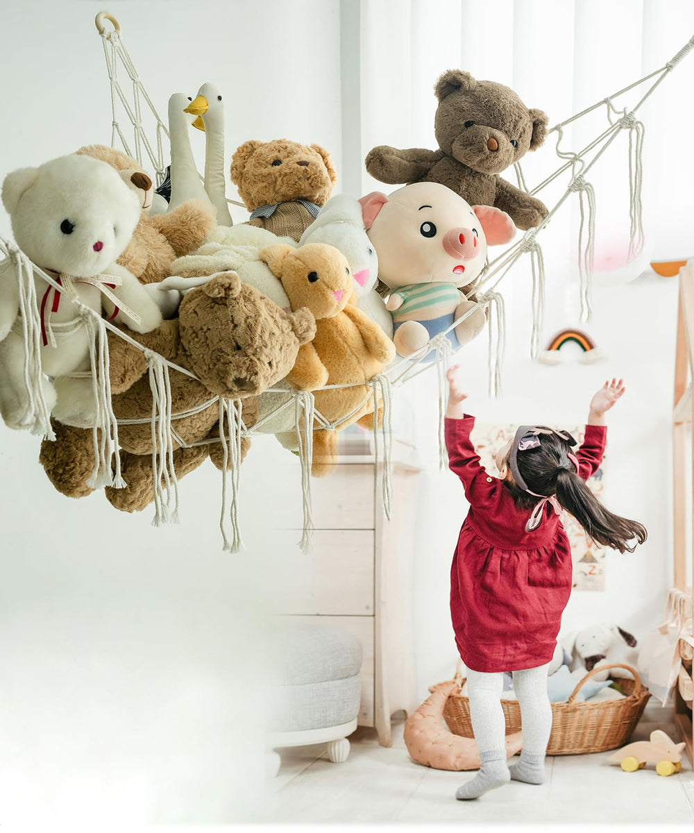 NingHoms toy storage hammock adds boho charm to nurseries and playrooms.