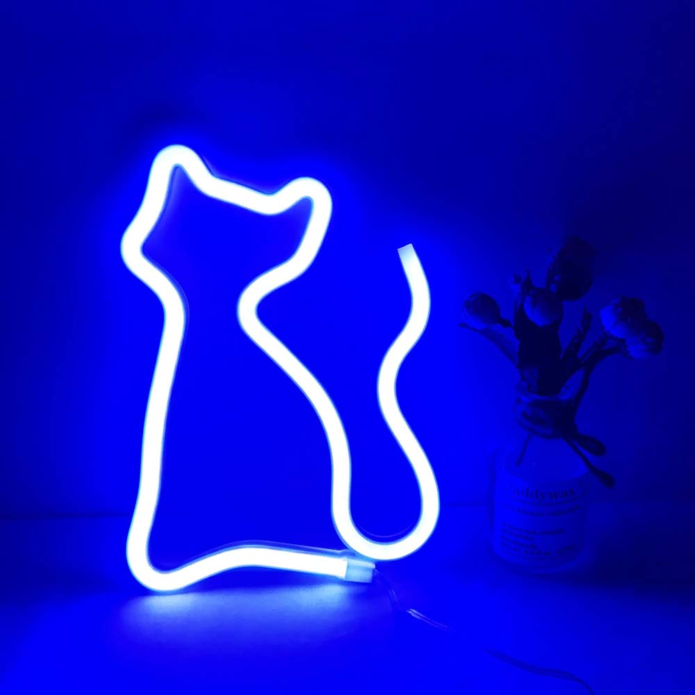 NiniTe LIGHTS cat neon light blue wall sign provides playful mood lighting.