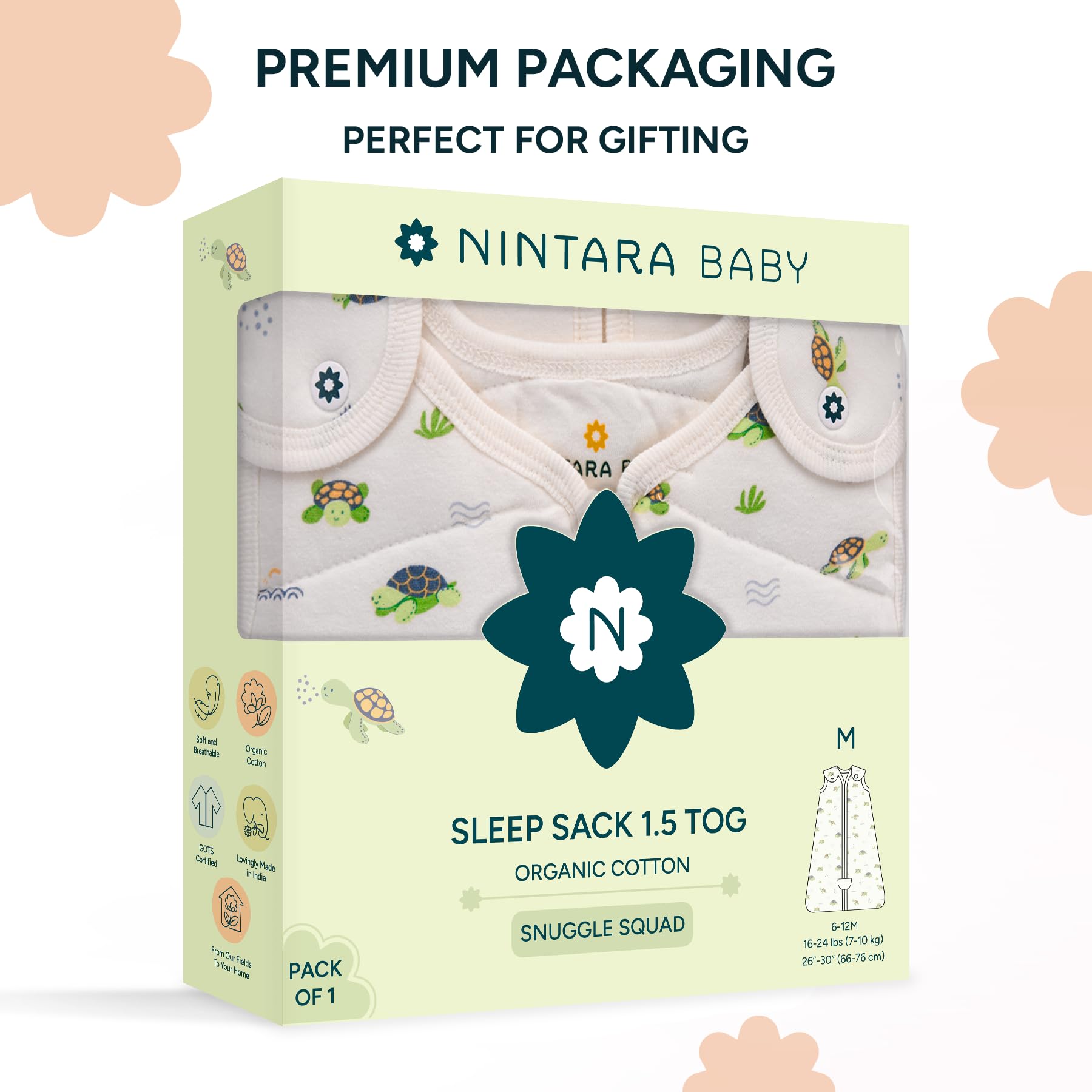 NINTARABABY mid-size sleep sack supports growing babies.