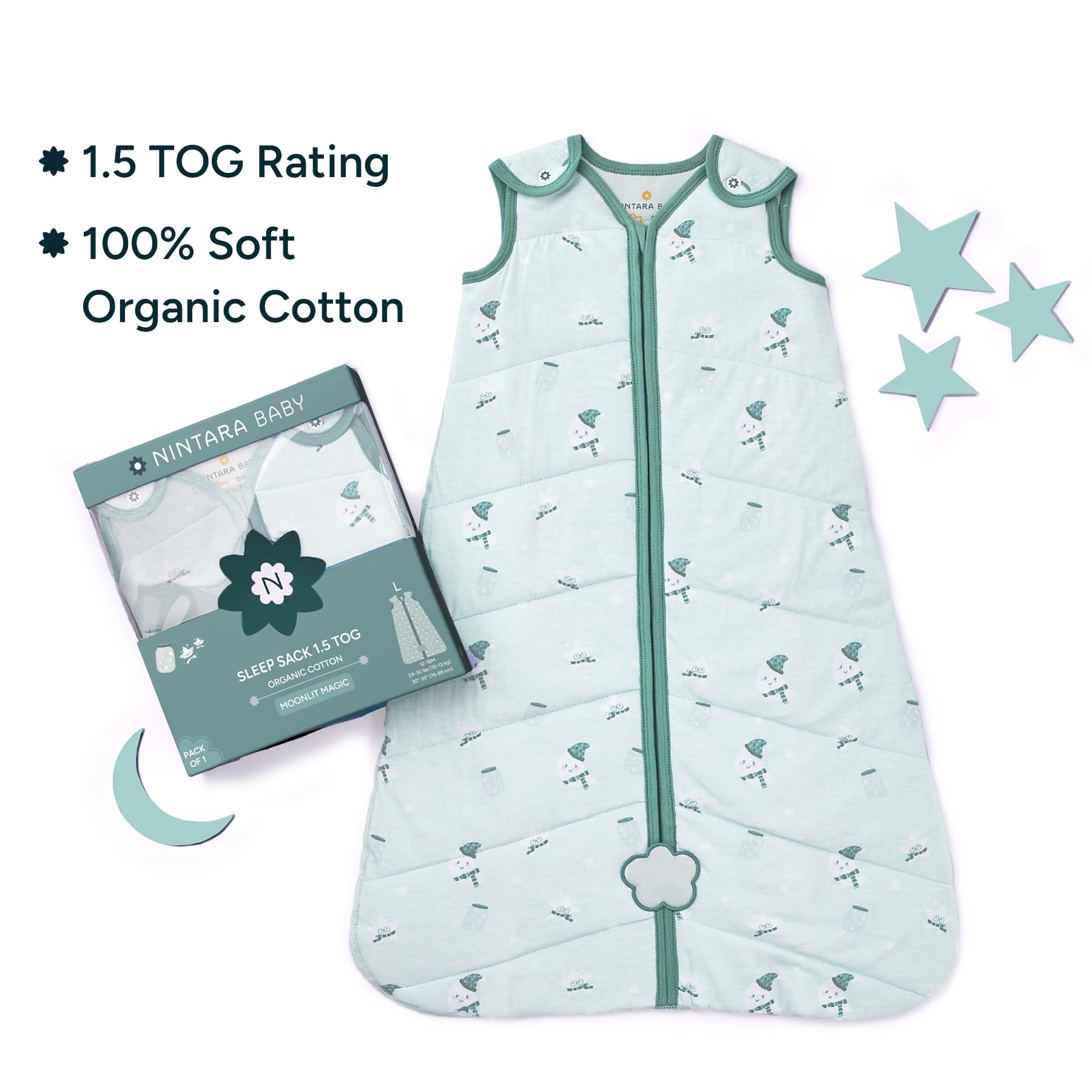NINTARABABY sleep sack shows top-to-bottom zipper for quick diaper changes.