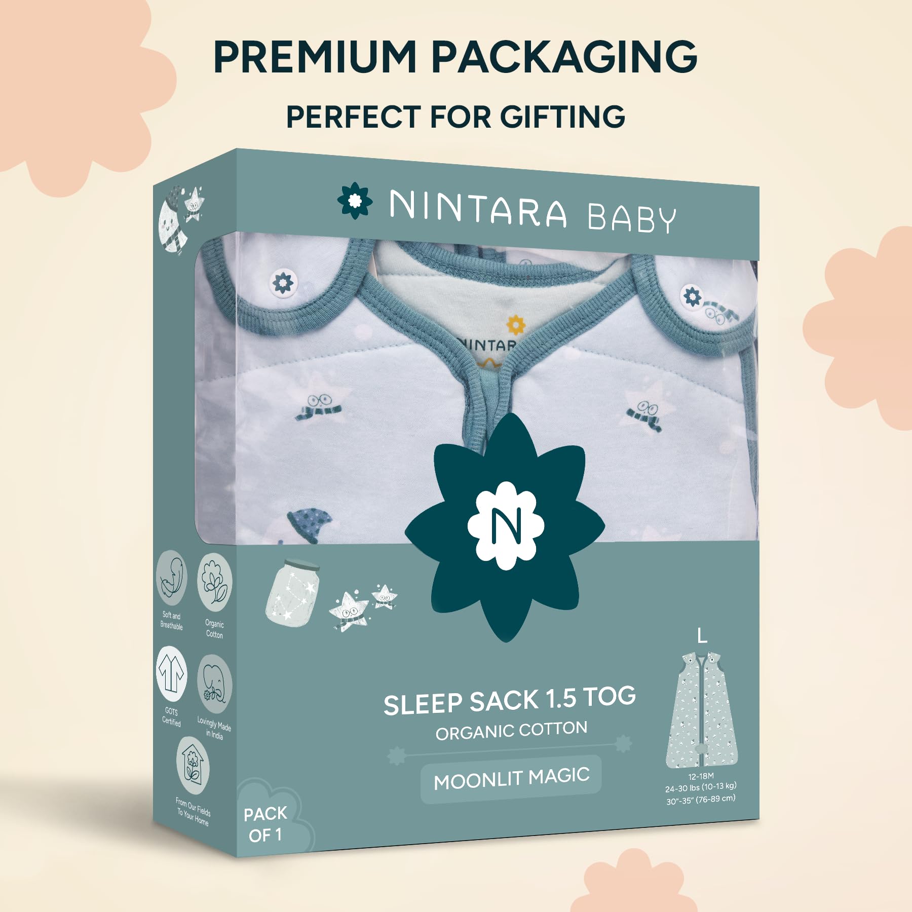 NINTARABABY sleep sack features a unisex design for growing babies.