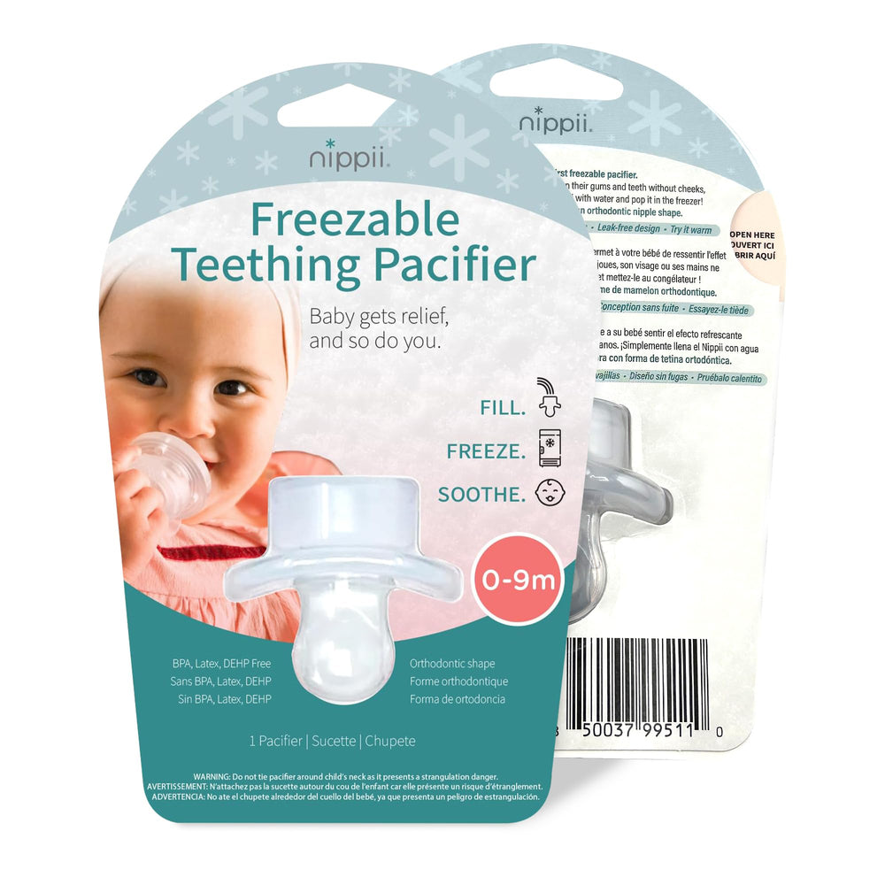 Nippii freezable pacifier cooling feature for soothing teething gums.