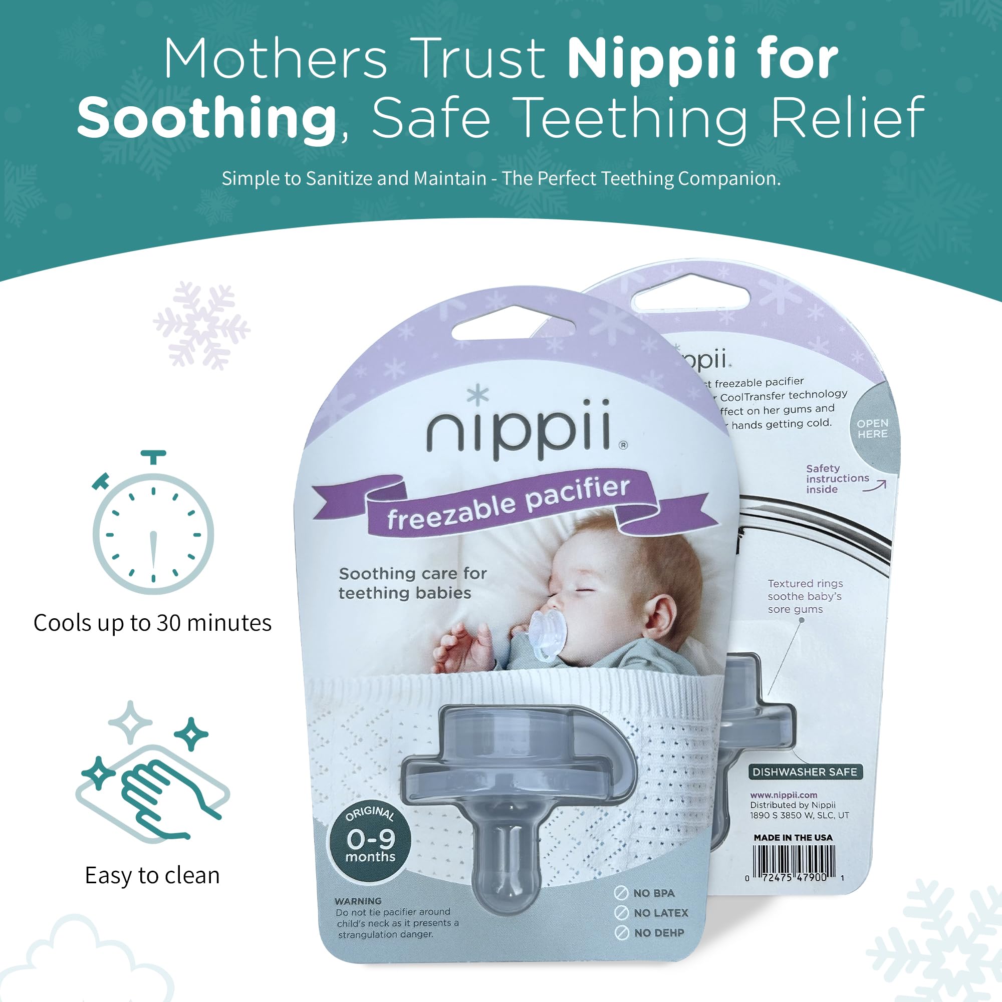 Nippii Freezable Pacifier Teether, side view, soothing gums through cooling