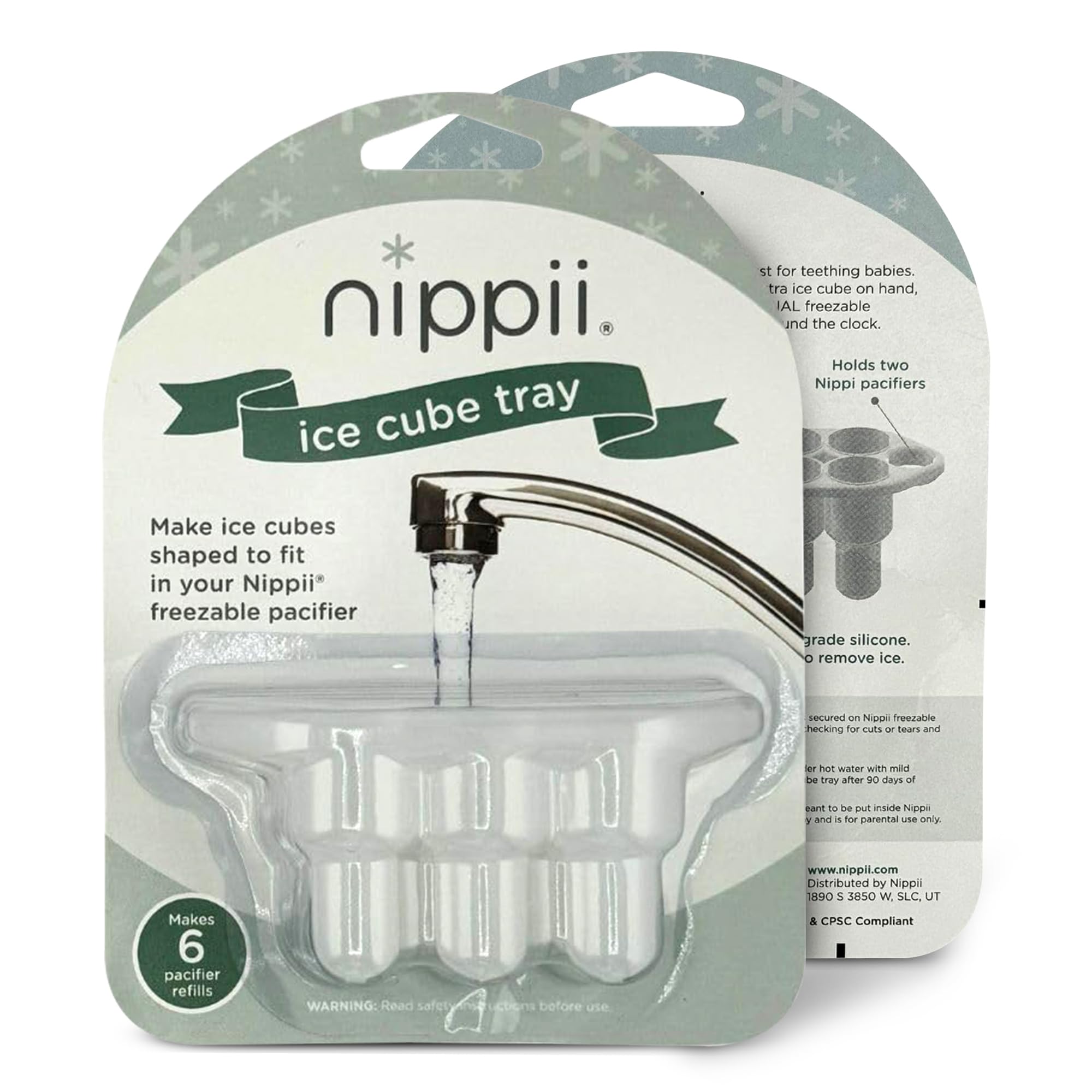 Nippii ice cube tray with six cubes for teething pacifier cooling.