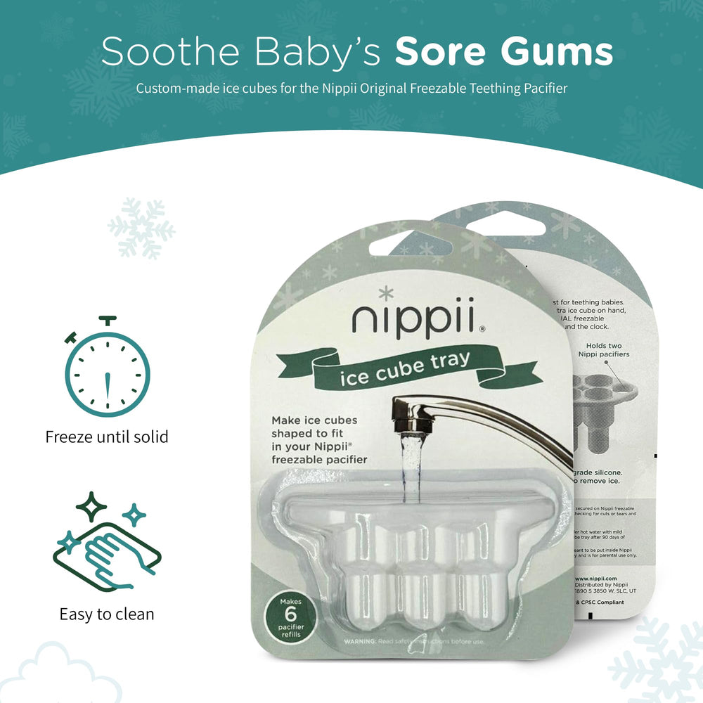 Nippii original teether pacifier fit close-up showing custom 6-cube design.
