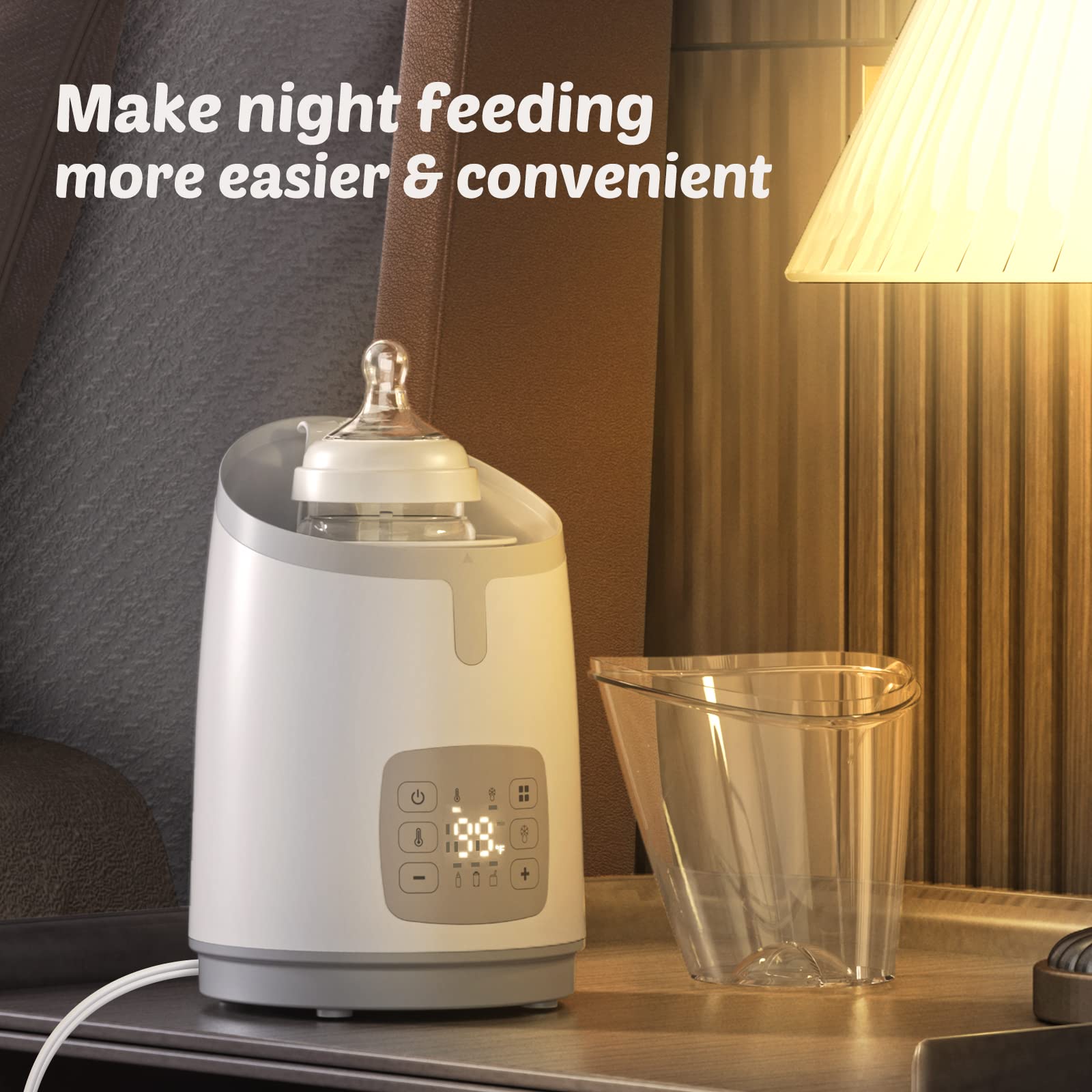 NIRGU baby bottle warmer in use illustrating compatible bottles and jars