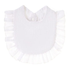 Nishine 4-pack drool bibs color 1 on baby highlighting adjustable neck closure.