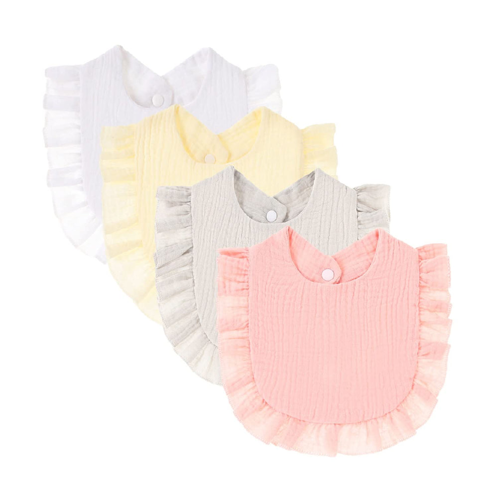 Nishine 4-pack drool bibs pack shot showcases versatile cotton bibs for everyday outfits.