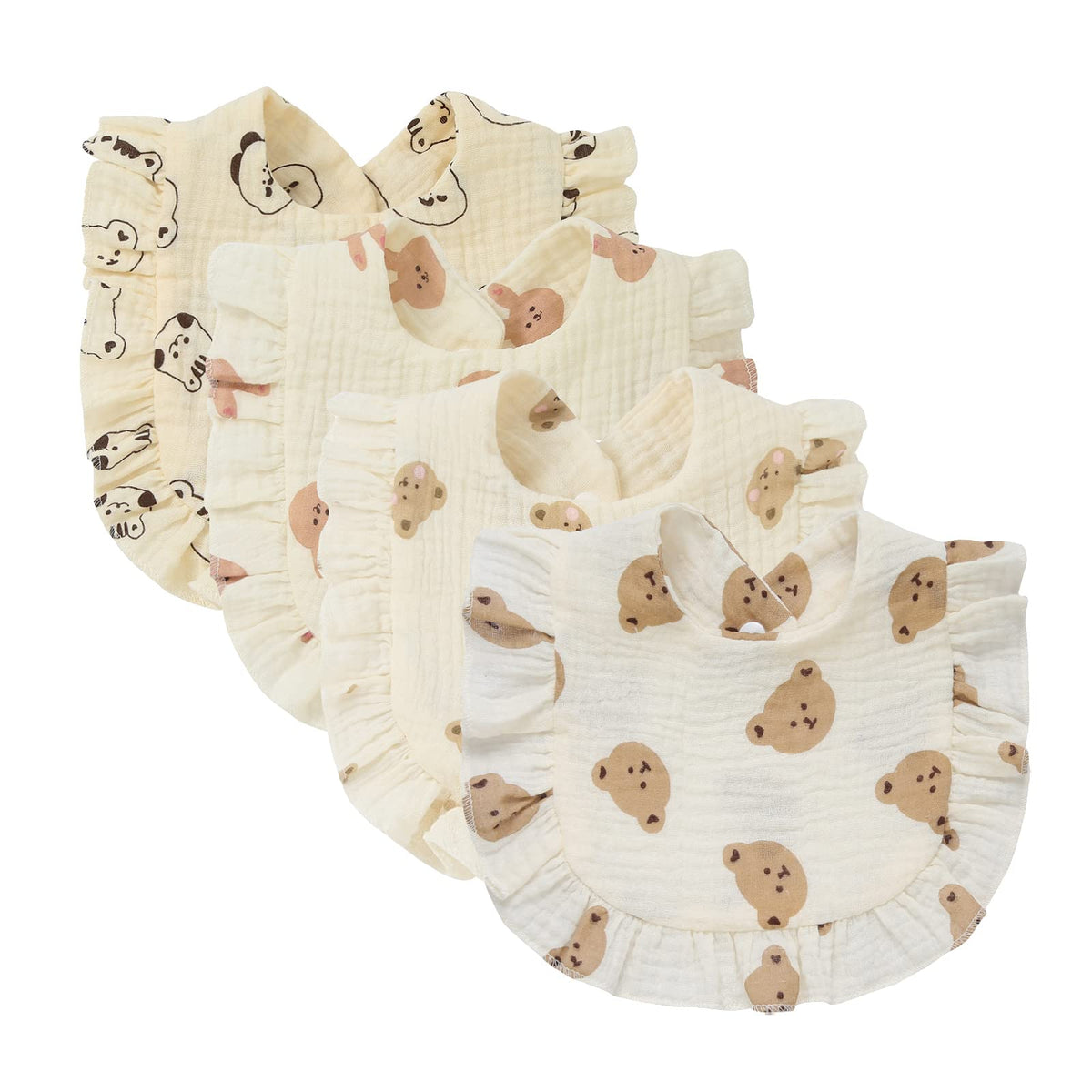 Nishine 4-pack solid muslin baby drool bibs Animal Set — soft cotton for gentle drool protection.