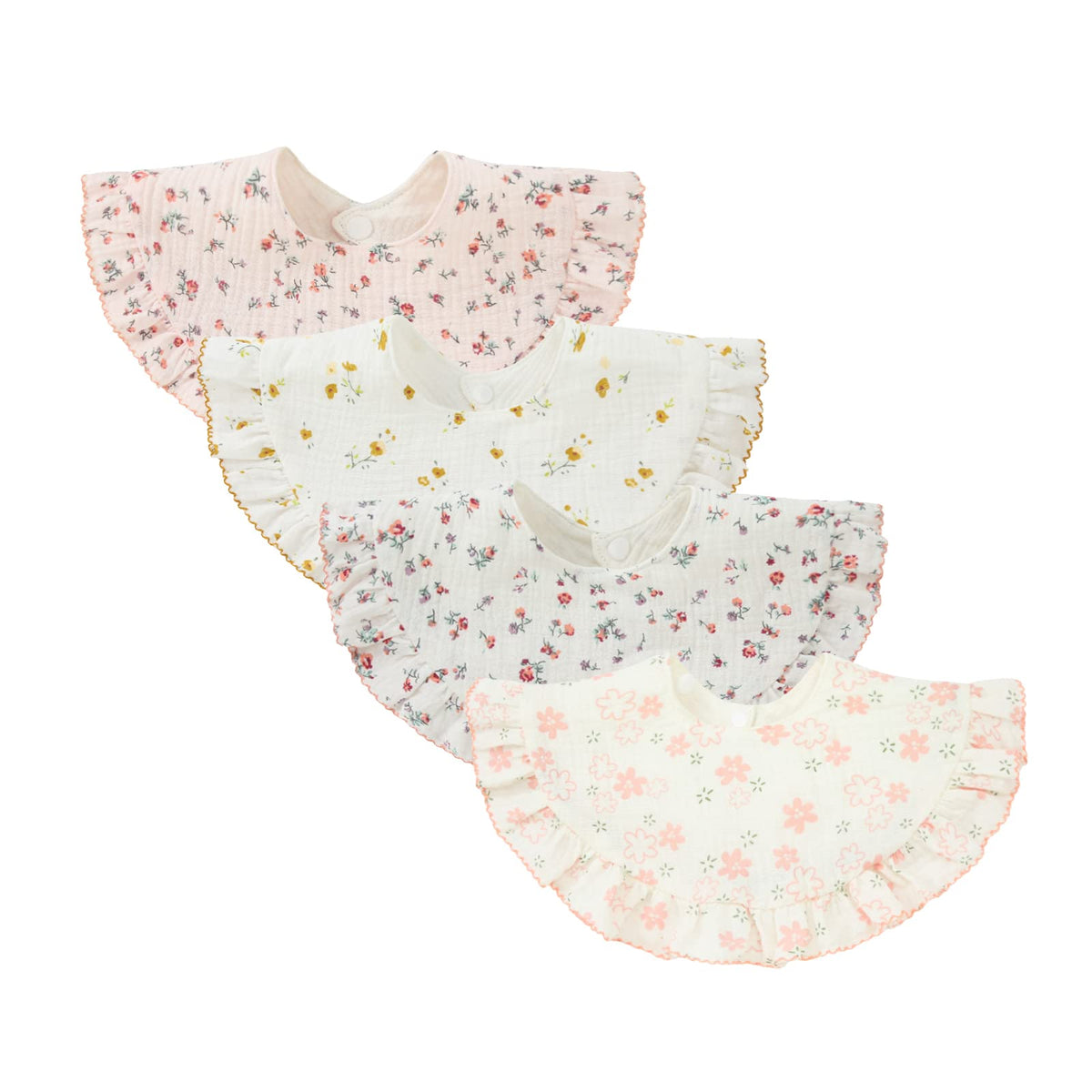 Nishine flower-set bibs flat lay reveals four colors for stylish drool protection