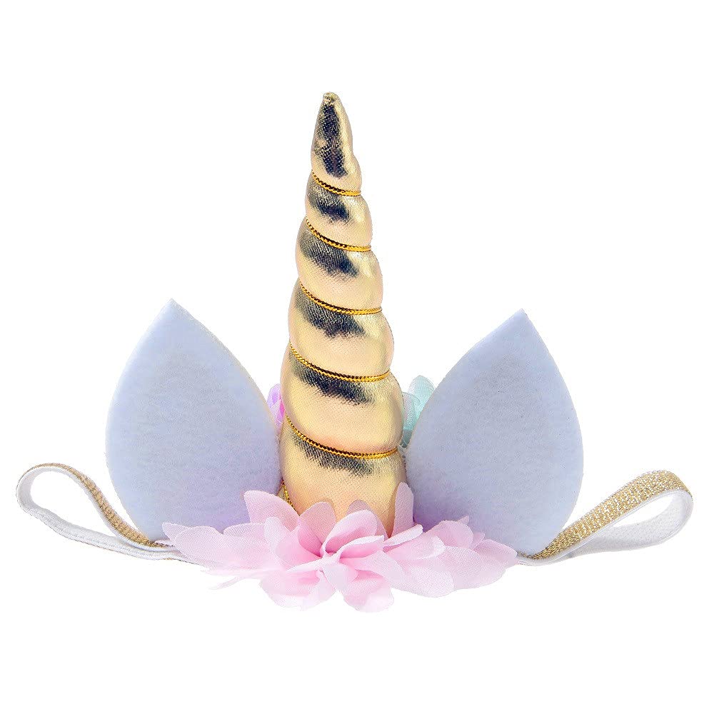 Nishine baby unicorn horn headband closeup shows chiffon flowers and glitter for photos.