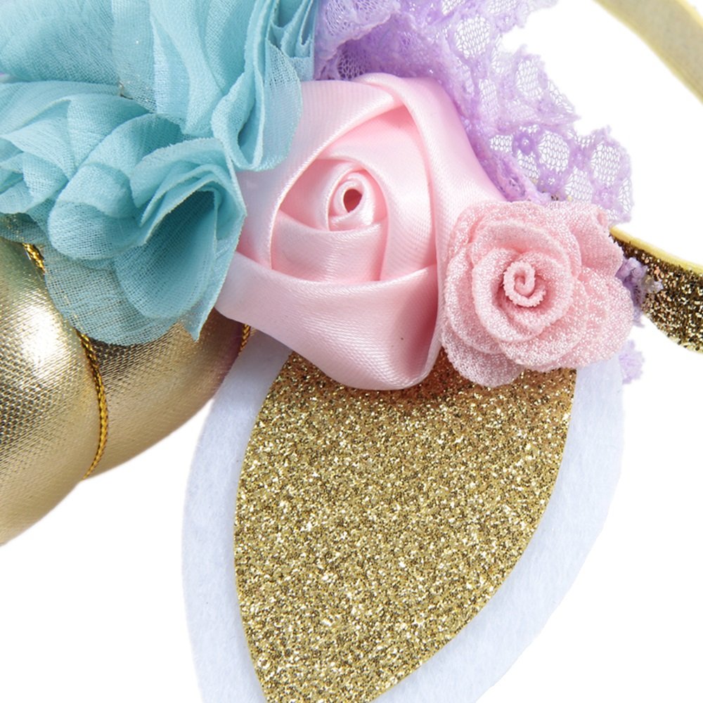 Nishine unicorn headband with glitter horn and chiffon flowers for party outfits