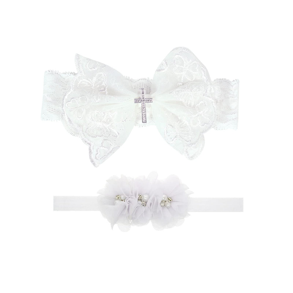 Nishine baptism white bow headband with cross button, ideal for christening photos