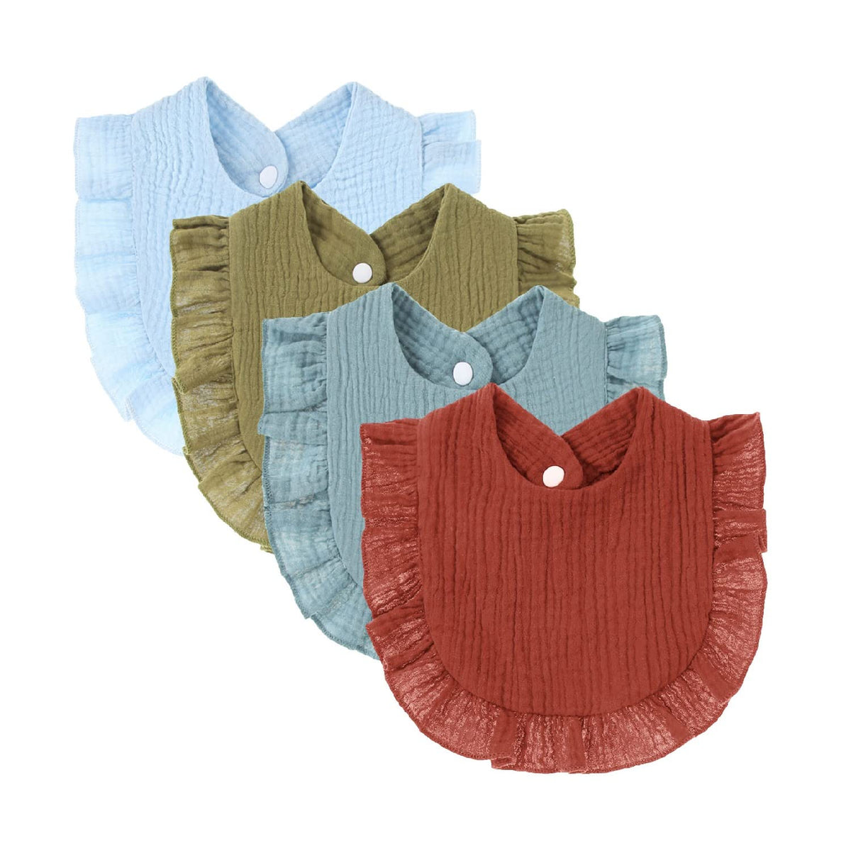 Nishine four-pack blue bibs on display with soft cotton for daily drool protection.