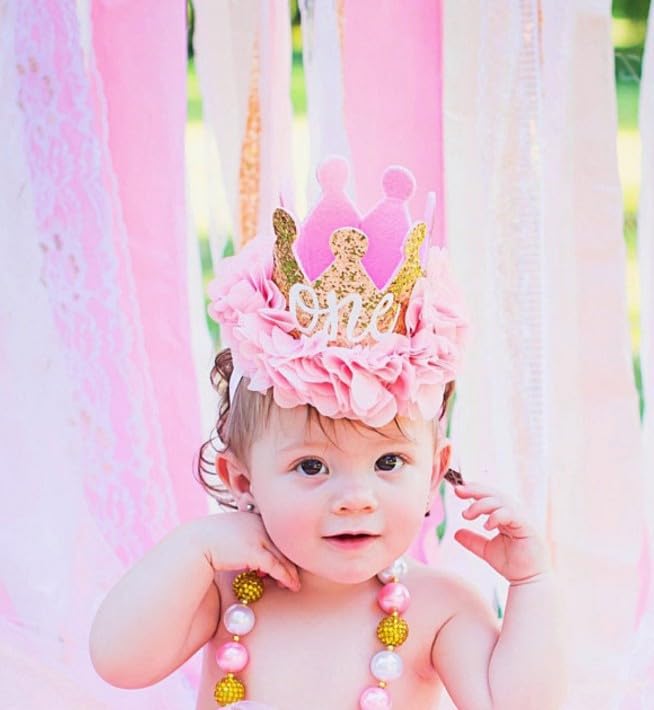 Nishine gold glitter crown headband worn by baby model during a party