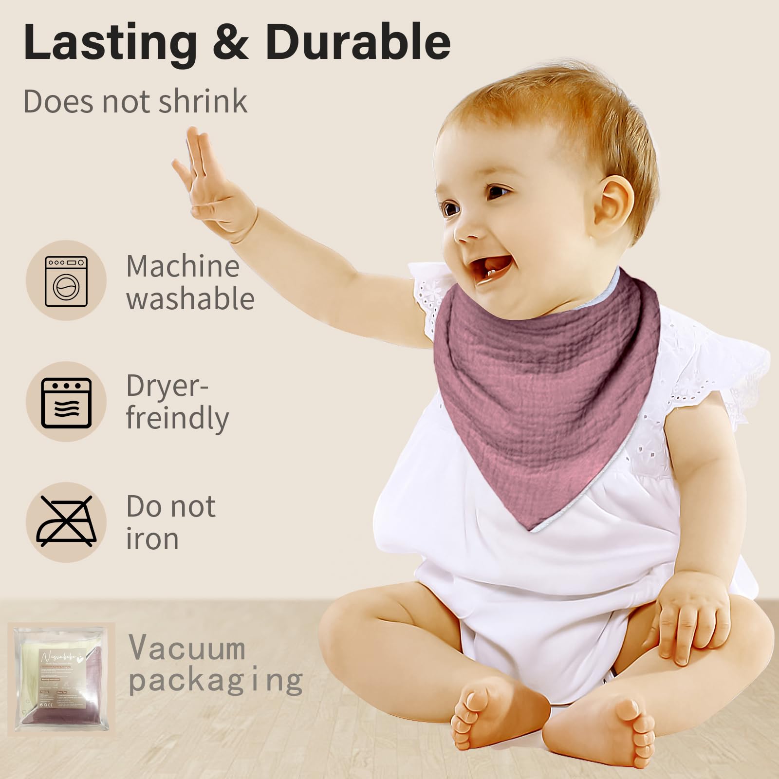 NISXABEBE muslin bib adjustable-neck demonstrates 13-15.5 inch comfortable neck