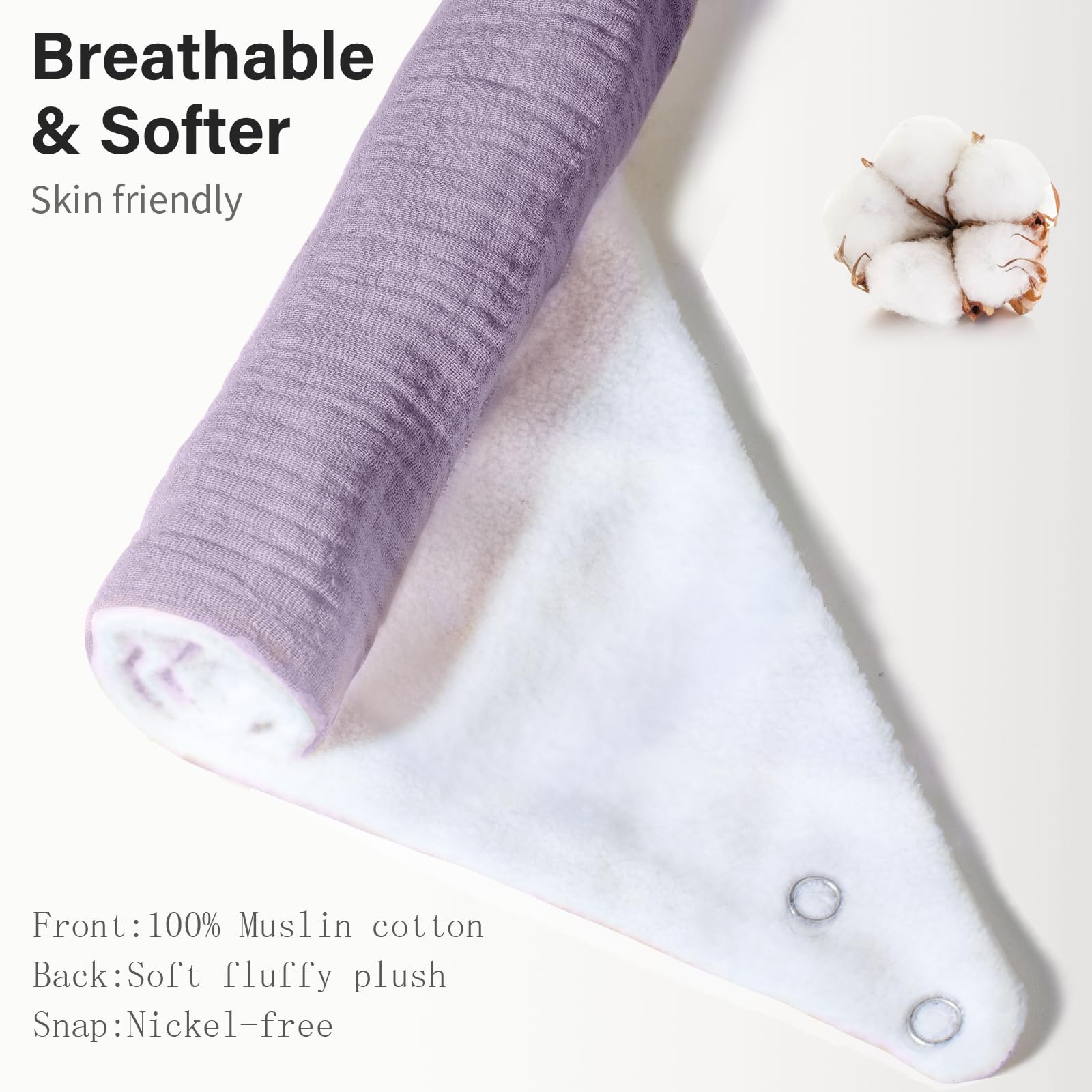 NISXABEBE muslin bib adjustable-snaps close-up reveals neck-fit flexibility.