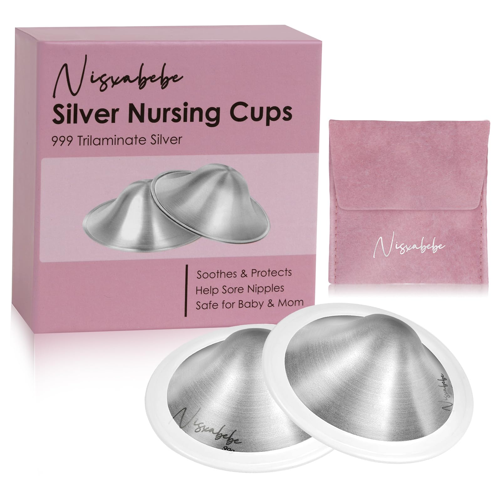 Nisxabebe Silver Nursing Cups front view demonstrate discreet fit for breastfeeding comfort