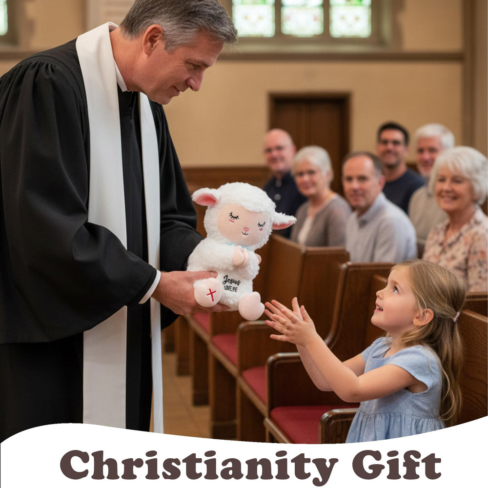 NIUBEHOHO Jesus Lamb Plush child holding promotes gentle play and comfort.