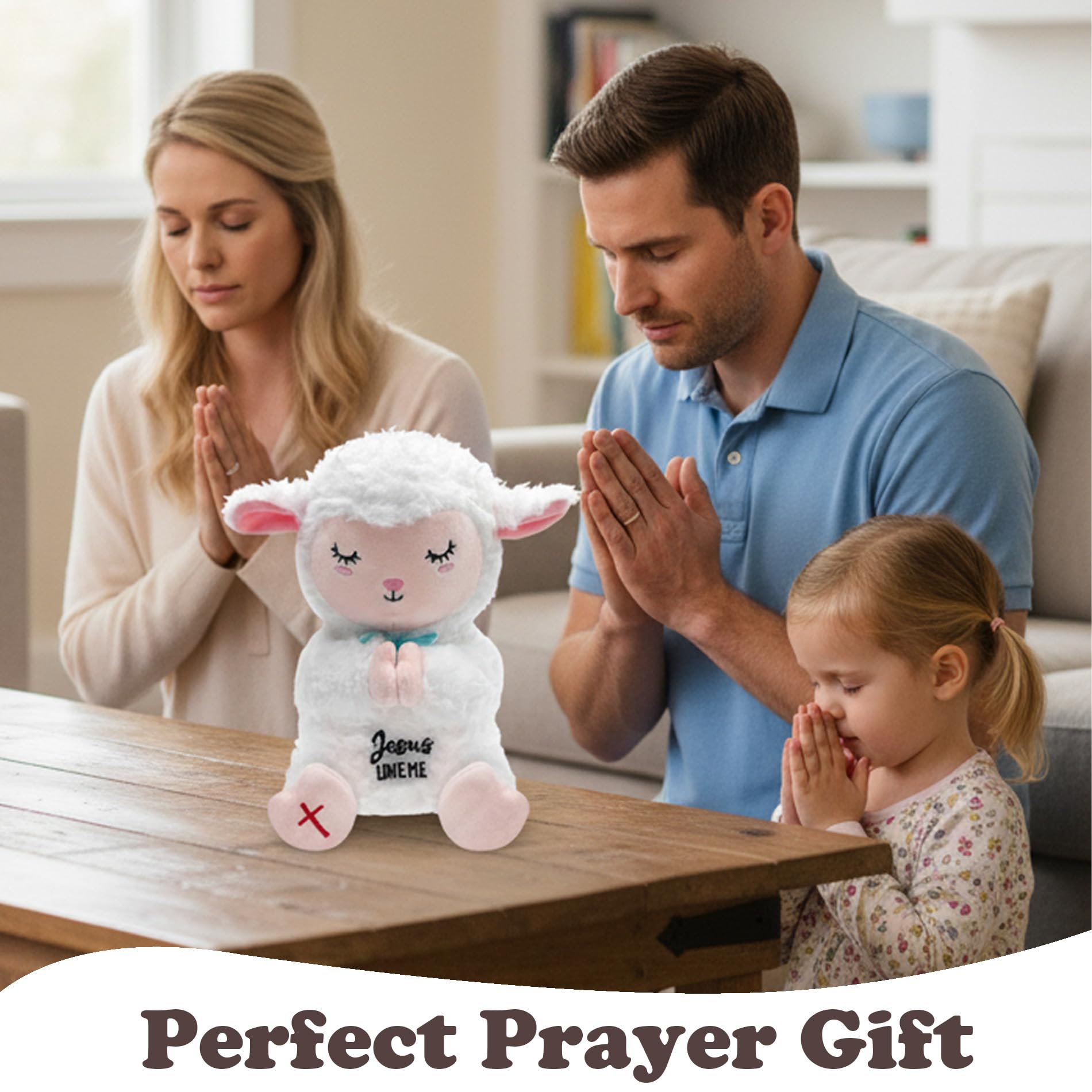 NIUBEHOHO Jesus Lamb Plush prayer gesture invites quiet reflection.