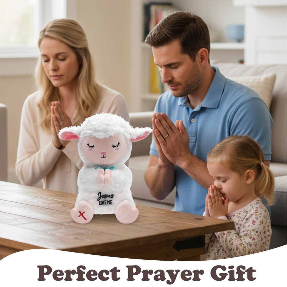 NIUBEHOHO Jesus Lamb Plush prayer gesture invites quiet reflection.