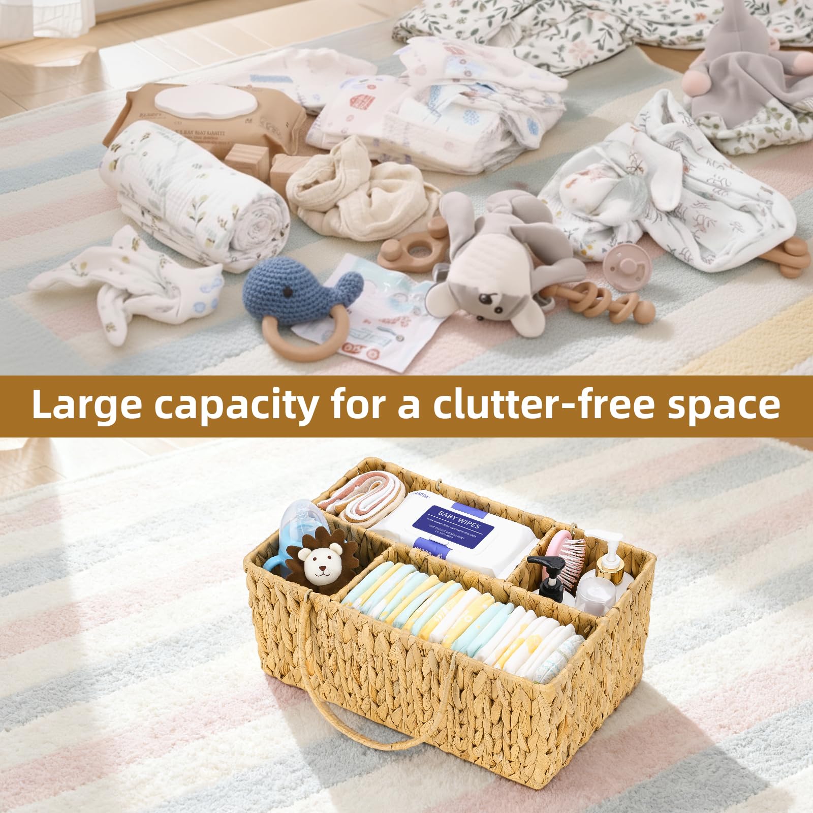 Niuirt nursery wicker organizer on changing table blends warmth with practical storage.