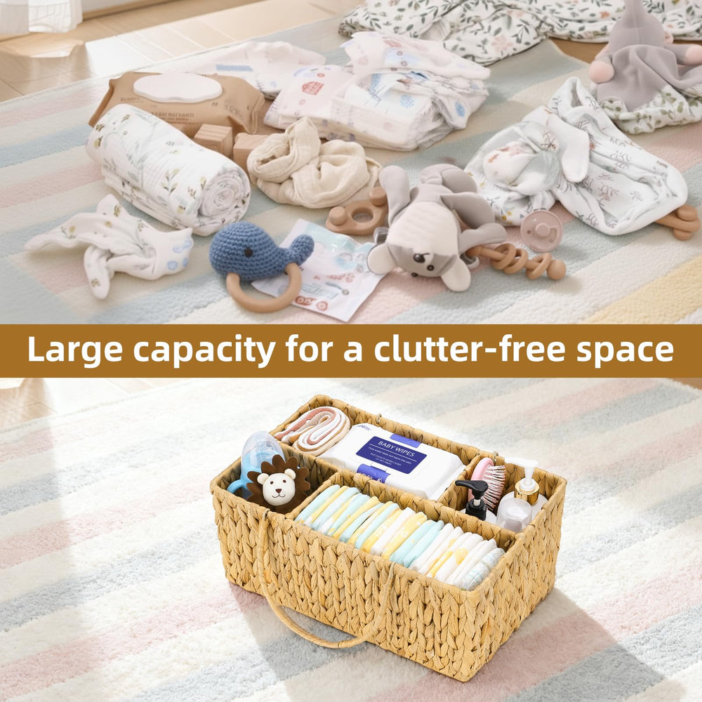 Niuirt nursery wicker organizer on changing table blends warmth with practical storage.