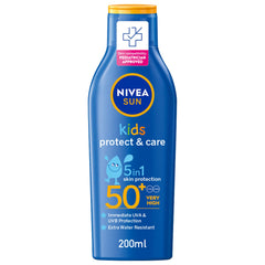 Nivea Sun Kids SPF50+ lotion being applied to a child's arm for gentle protection.