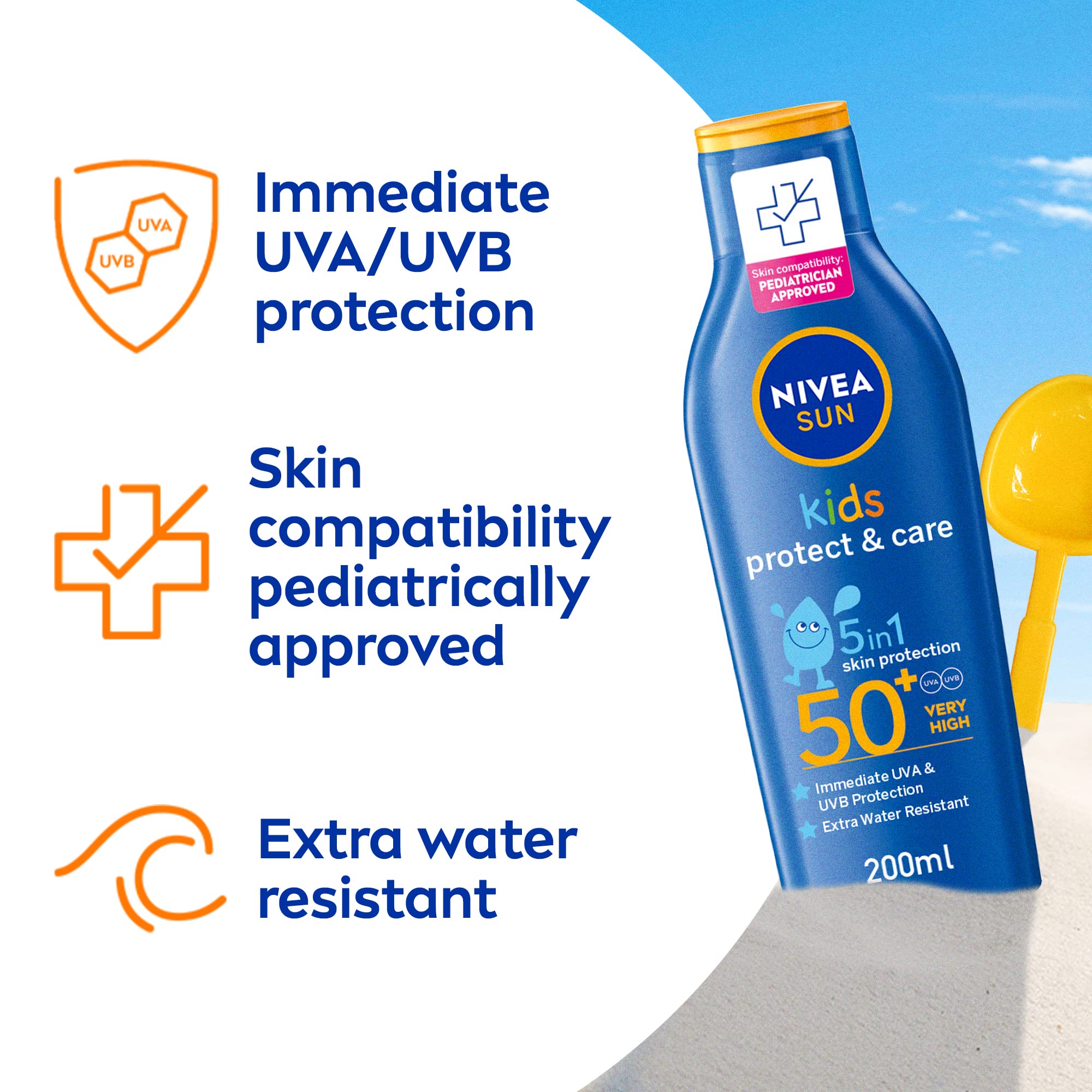 Vitamin E enriched Nivea Sun Kids SPF50+ protecting skin from free radicals.