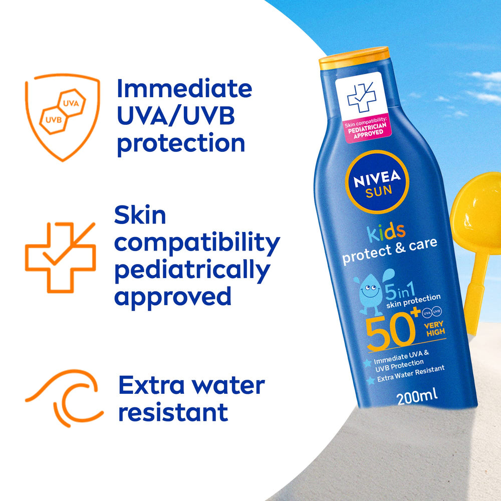 Vitamin E enriched Nivea Sun Kids SPF50+ protecting skin from free radicals.