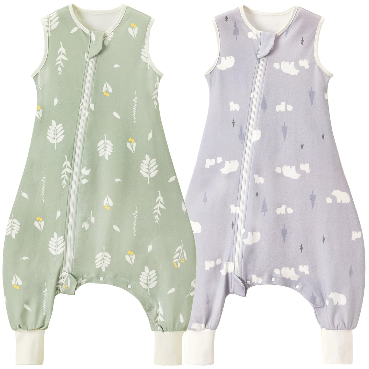 Nivolltha sleep sack side-open 2-pack with foliage and bear print for quick night diaper changes