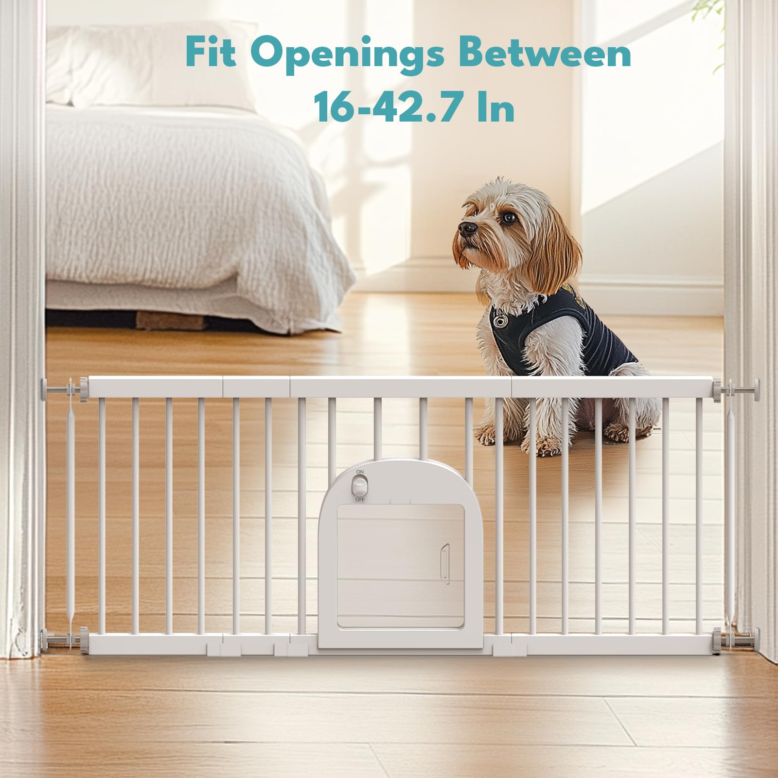No Pawblems dog gate in-action-staircase illustrates simple doorway barrier.