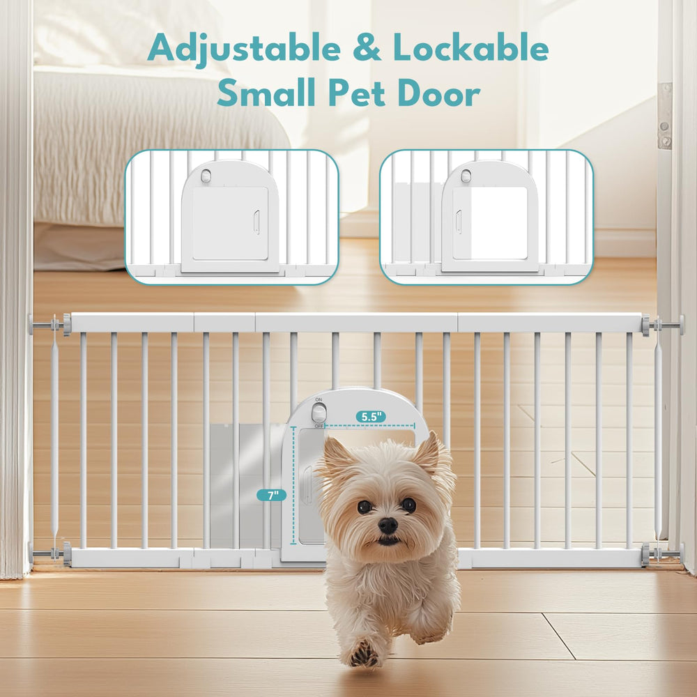 No Pawblems dog gate pet-door-open enabling supervised freedom.