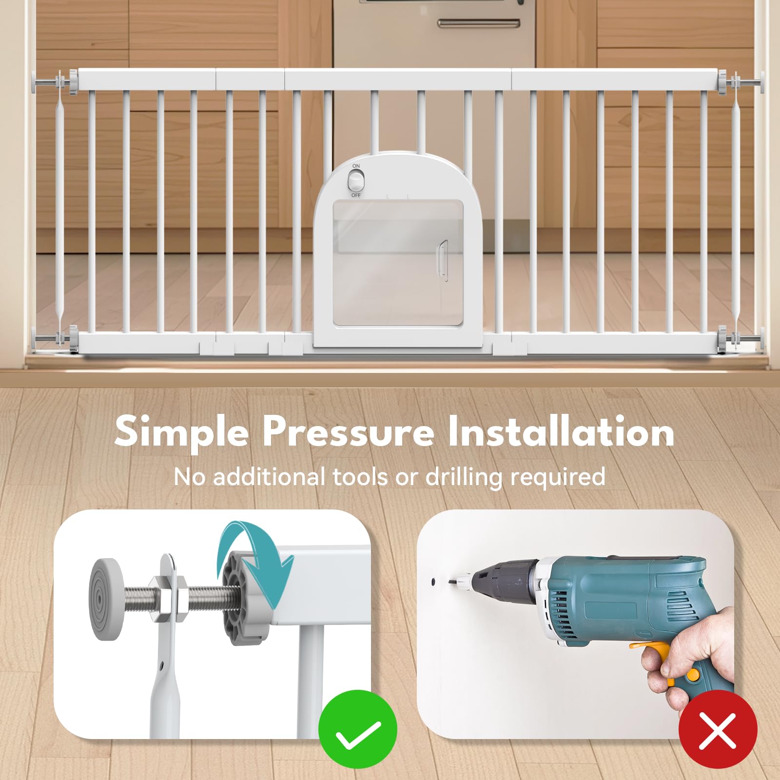 No Pawblems dog gate pressure-mounted-setup shows no-drill installation.