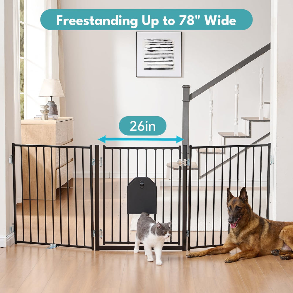 No Pawblems dog gate with cat door demonstrates walk-through access for pets.