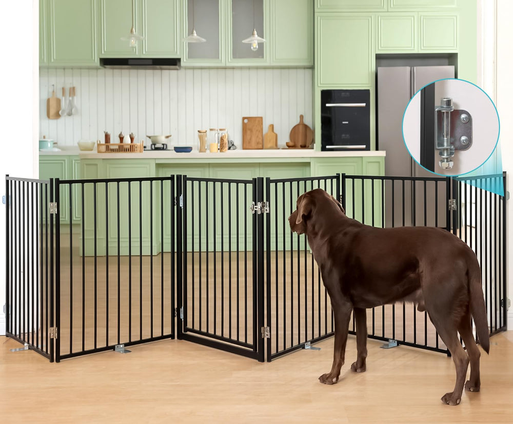 No Pawblems free standing dog gate front view highlights durable metal design for indoor use.