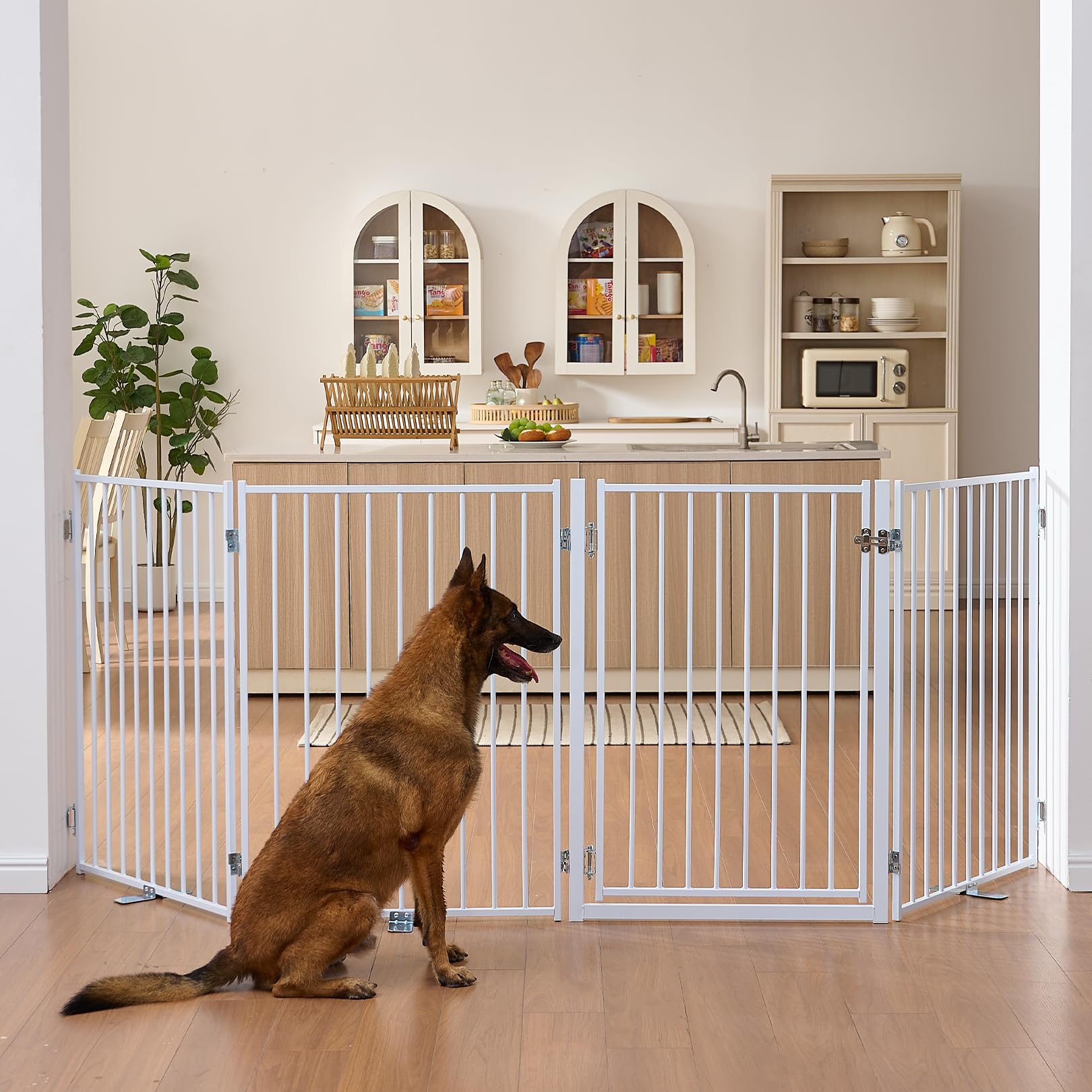 No Pawblems free-standing dog gate in full-view setup for versatile room separation.