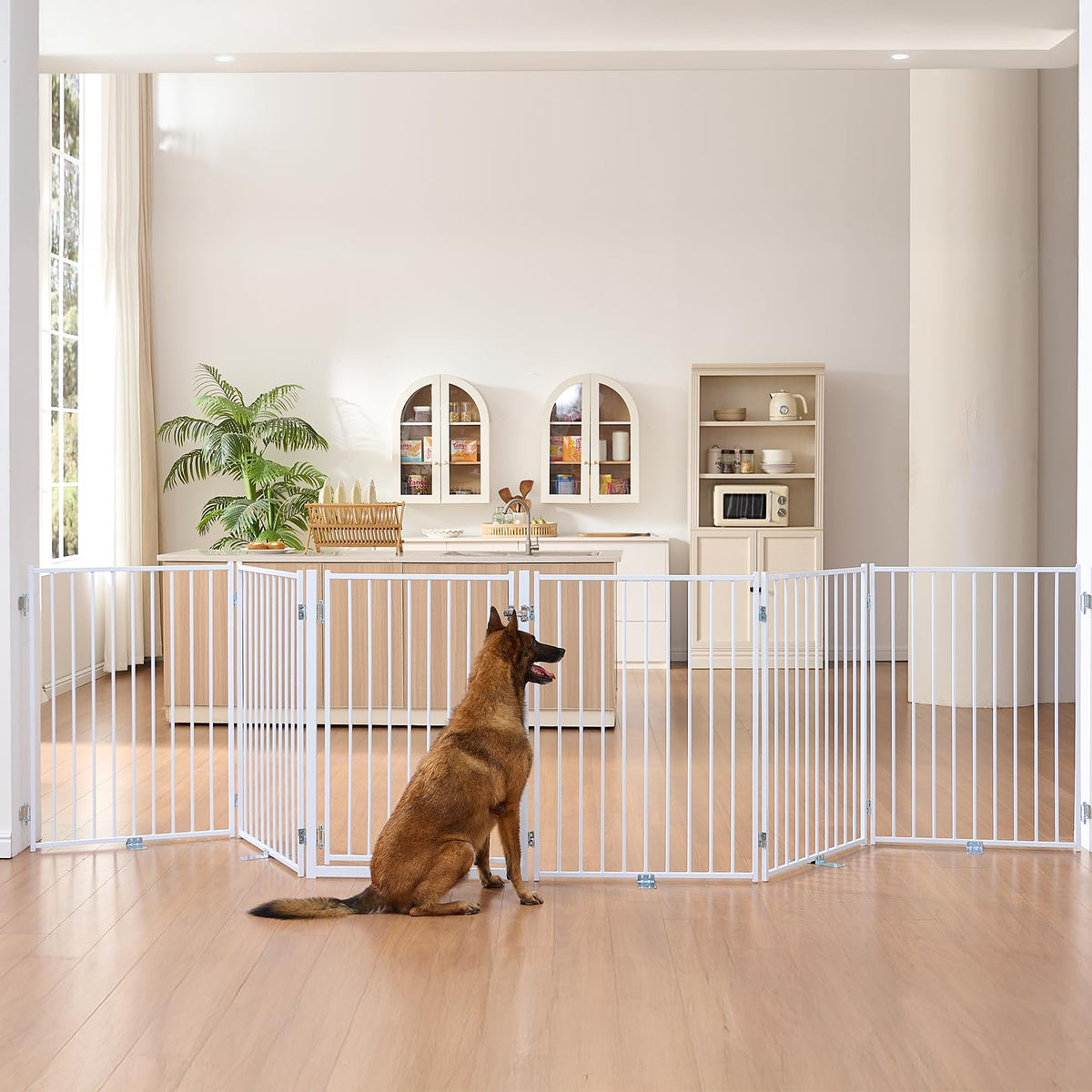 No Pawblems gate 6-panel assembly demonstrates a sturdy freestanding barrier for wide doorways.