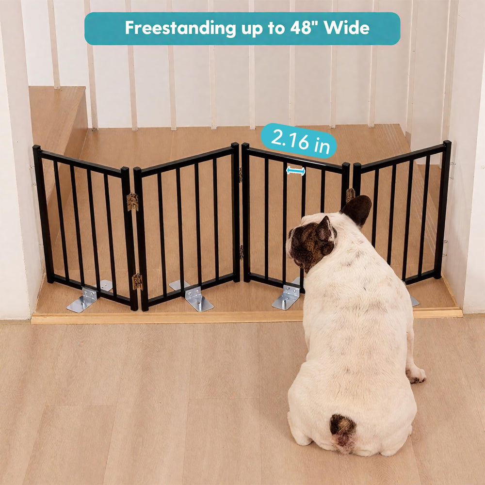 No Pawblems sturdy metal gate with support feet resists tipping during active play.