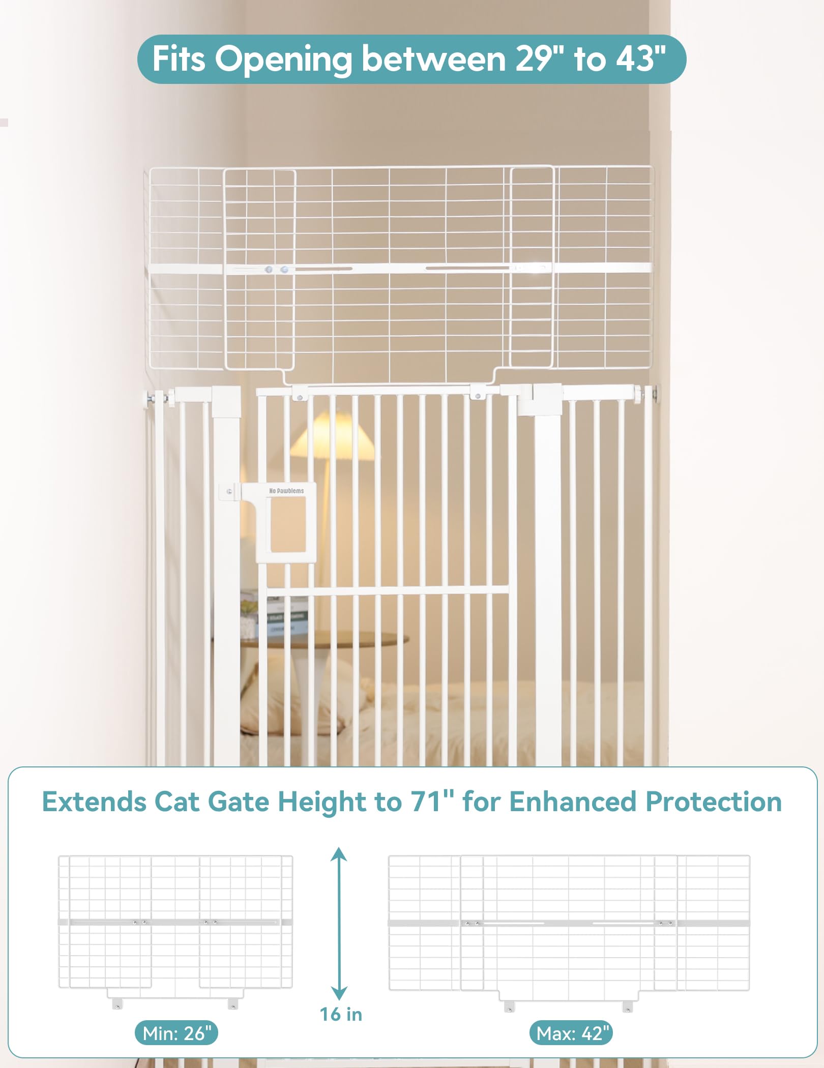 Extensions included with No PawProblems 71in gate ready to widen from 29 to 43 inches
