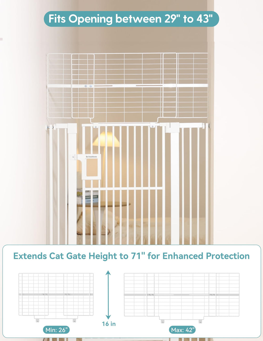 Extensions included with No PawProblems 71in gate ready to widen from 29 to 43 inches