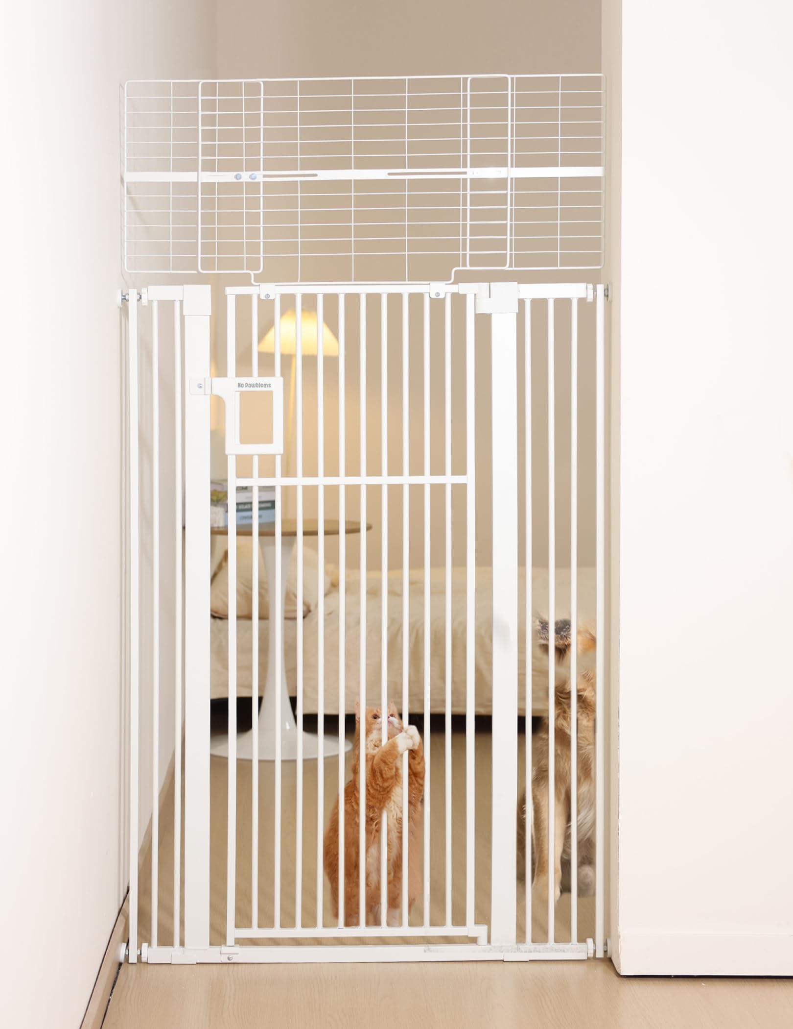 No Pawblems 71in gate assembled across doorway provides tall containment for jumpy pets