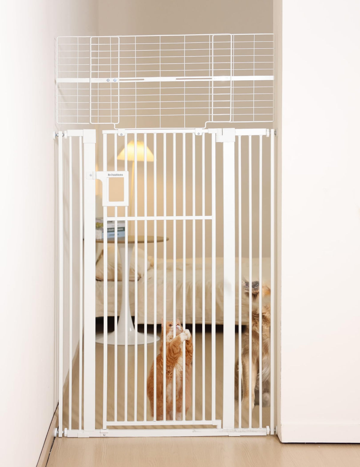 No Pawblems 71in gate assembled across doorway provides tall containment for jumpy pets