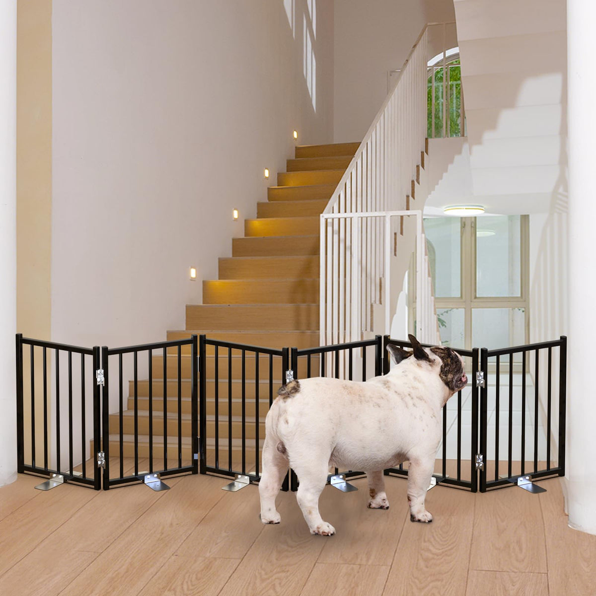 No Pawblems freestanding dog gate assembly enables quick room setup.