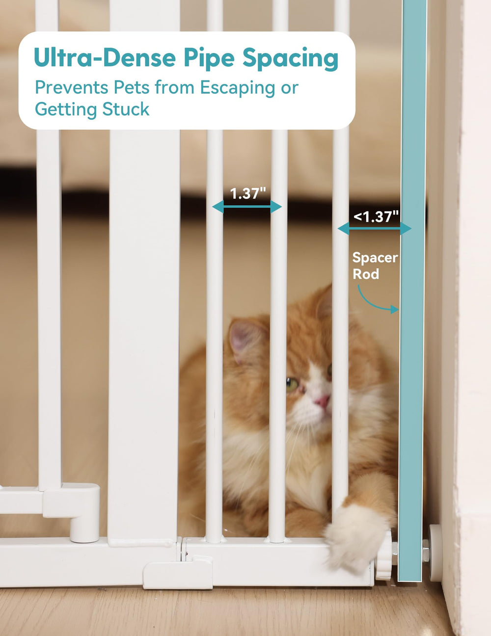 Close-up of 1.37in gaps on No Pawblems 71in gate for secure spacing