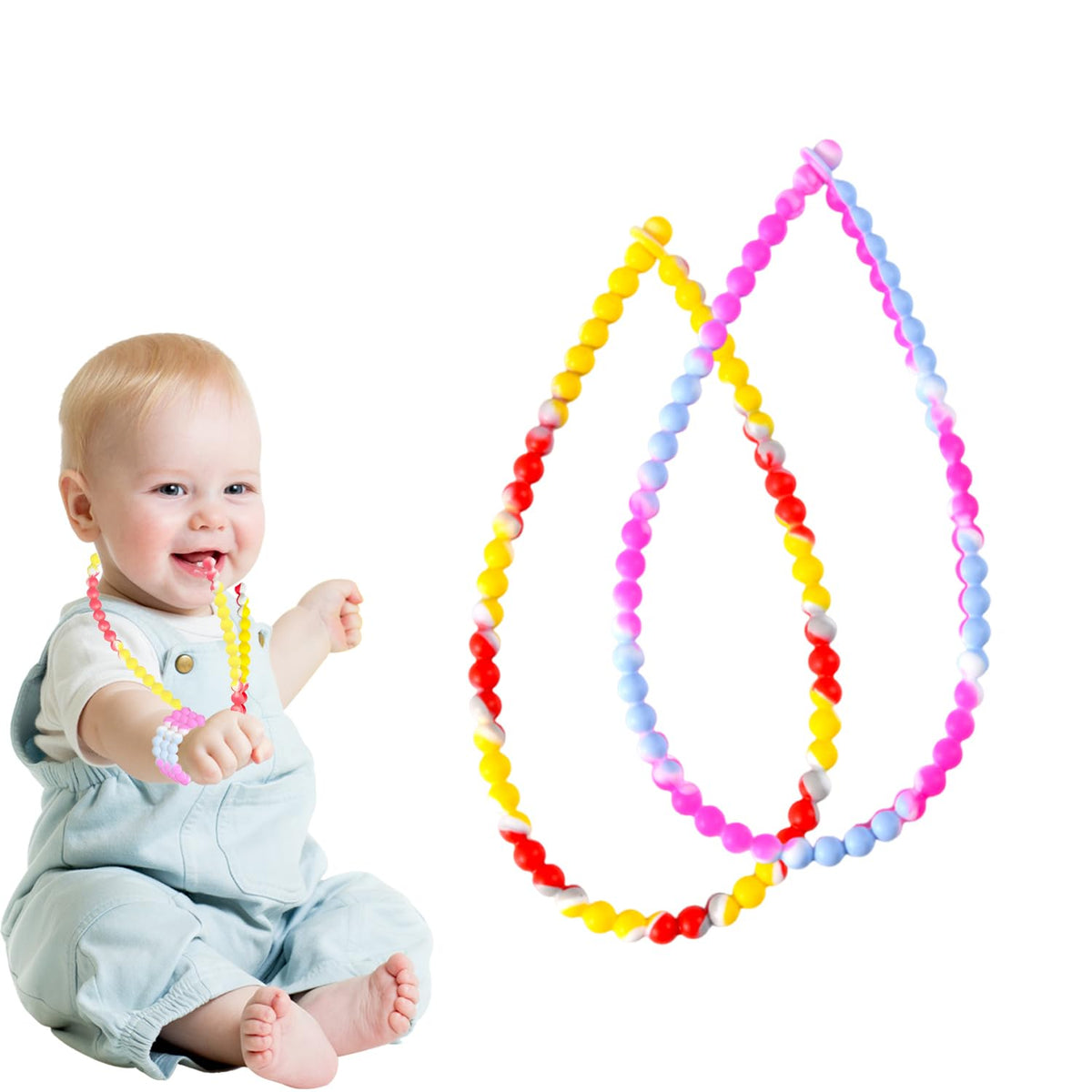 NoetSauesrfs teething necklace close-up shows BPA-free silicone for soothing gums and focus