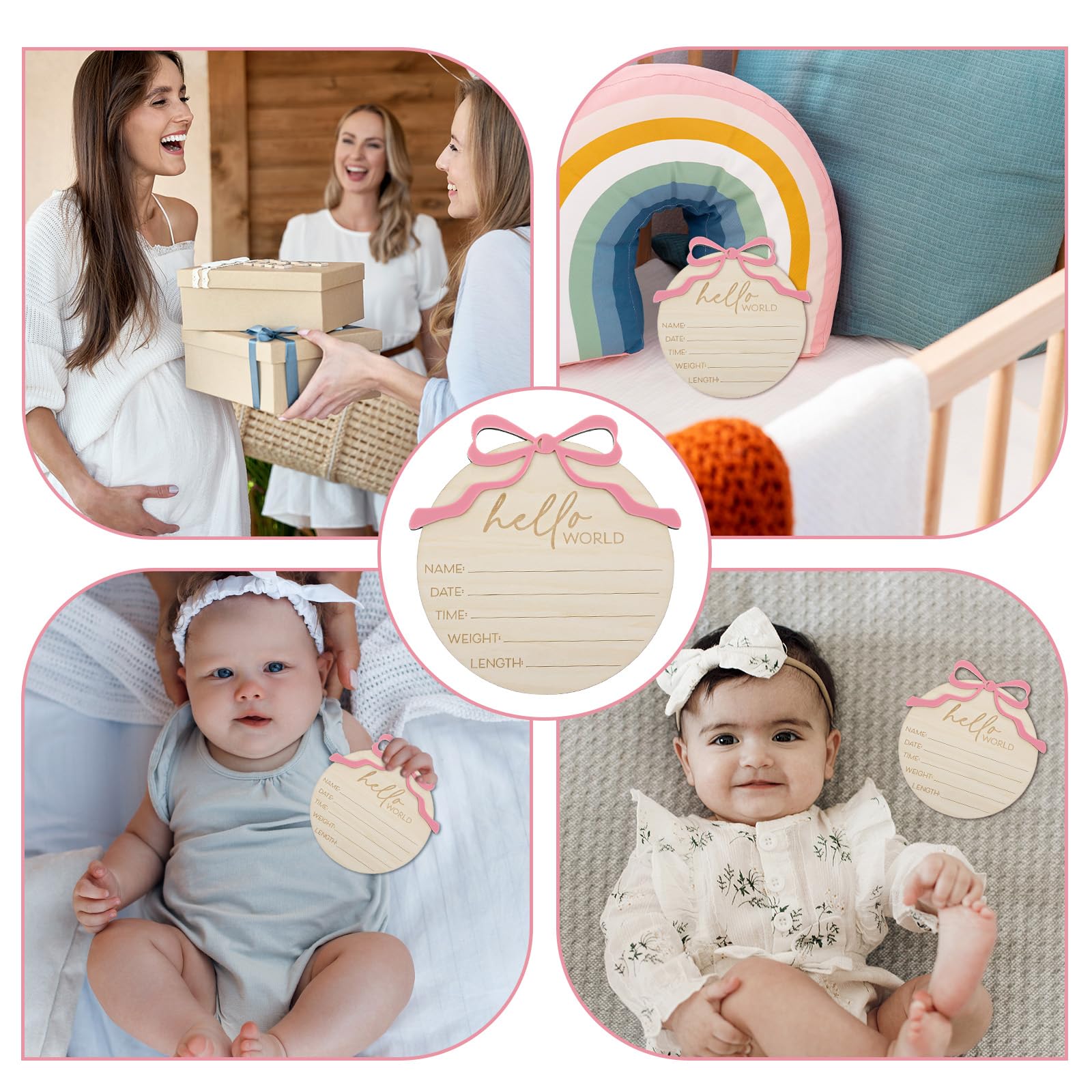 Nogeqi pink-bow-detail enhances the round sign for adorable baby portraits.