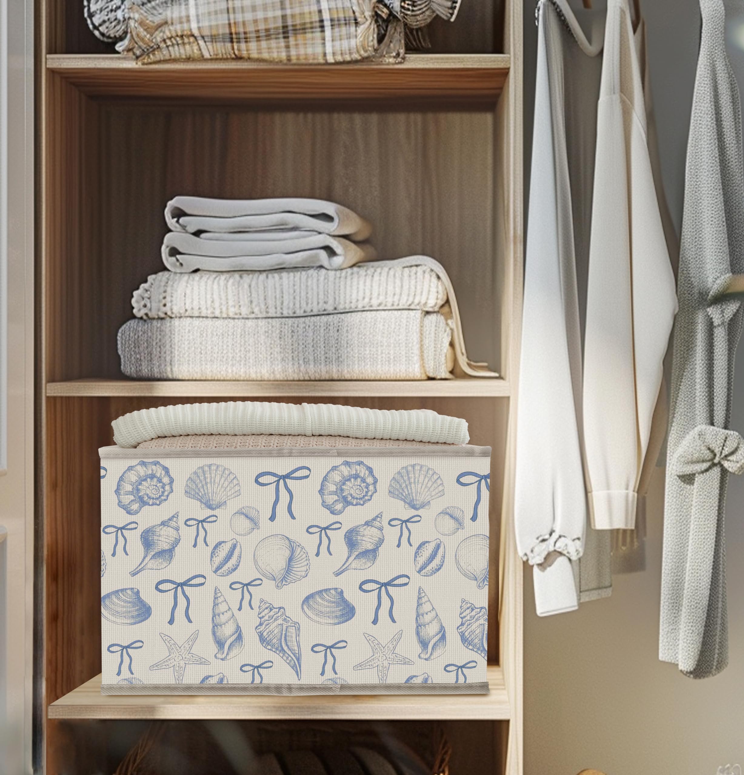 Nogrit Coquette Blue Bow storage bin cotton-linen exterior adds a neutral stylish touch