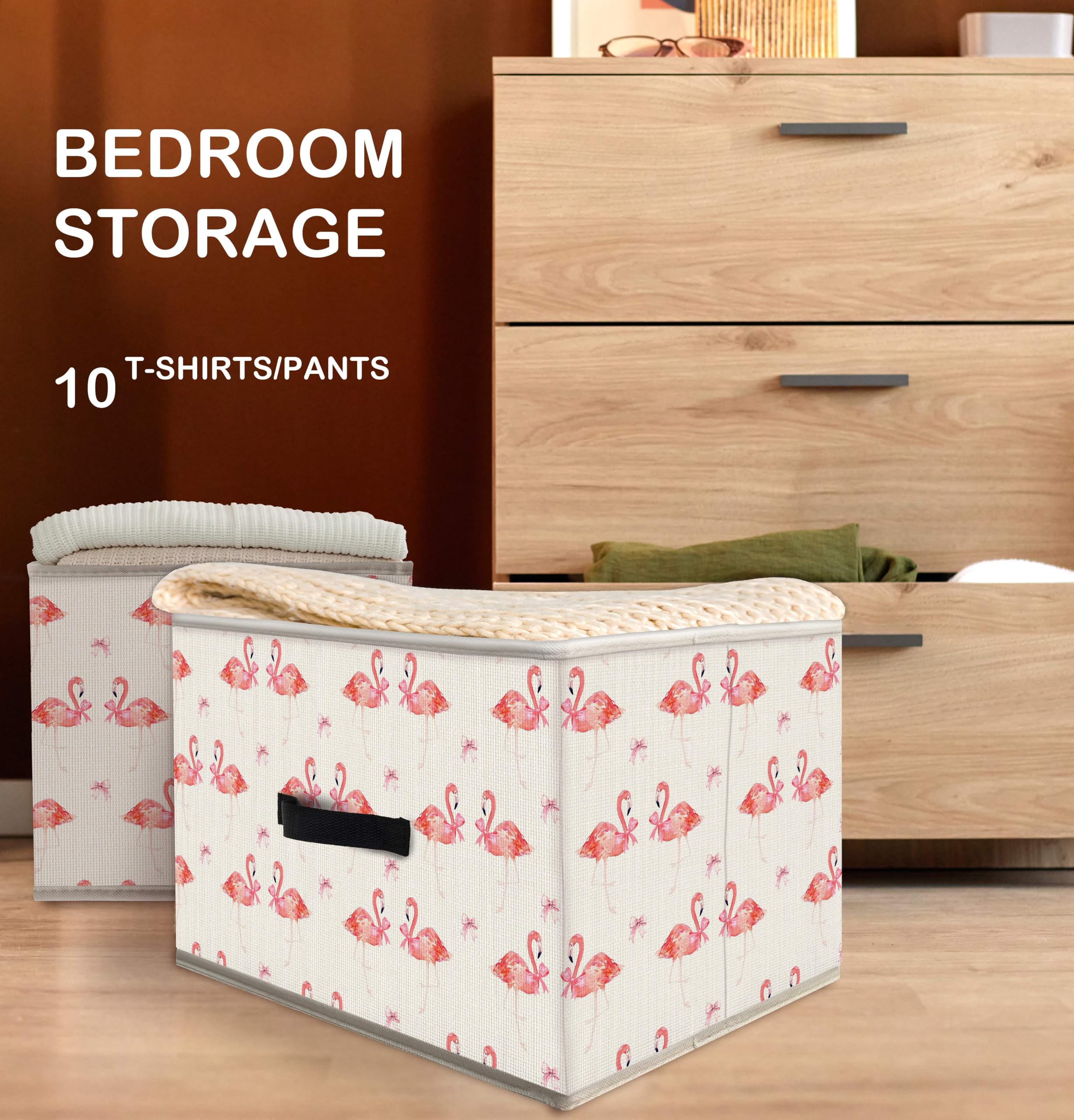 Nogrit Pink Flamingo Storage Bin in dorm room keeps belongings organized.