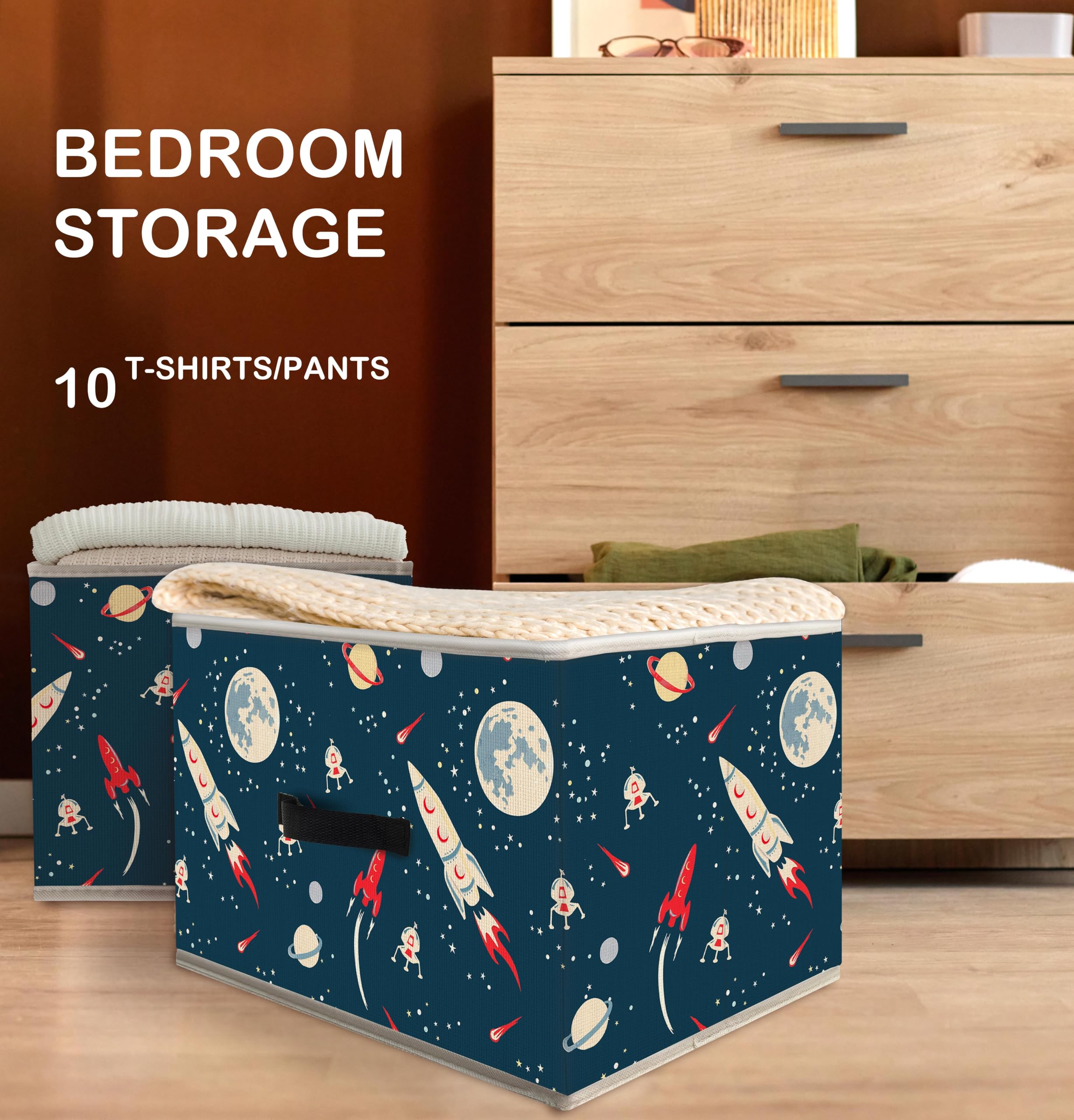Nogrit Space Airship Rocket Storage Bins Box on shelf adds decorative storage and order.
